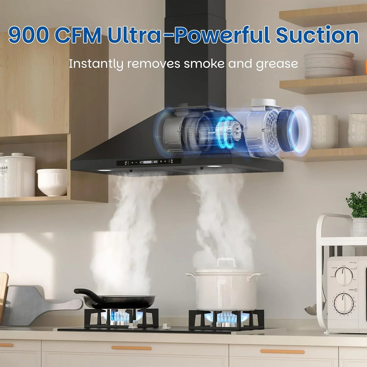 Wall-mounted black kitchen exhaust hood, 30 inches, 900 cubic feet per minute, built-in exhaust duct, three-speed exhaust fan, gesture/touch control, timer function, two baffles filters, stainless steel stove exhaust hood