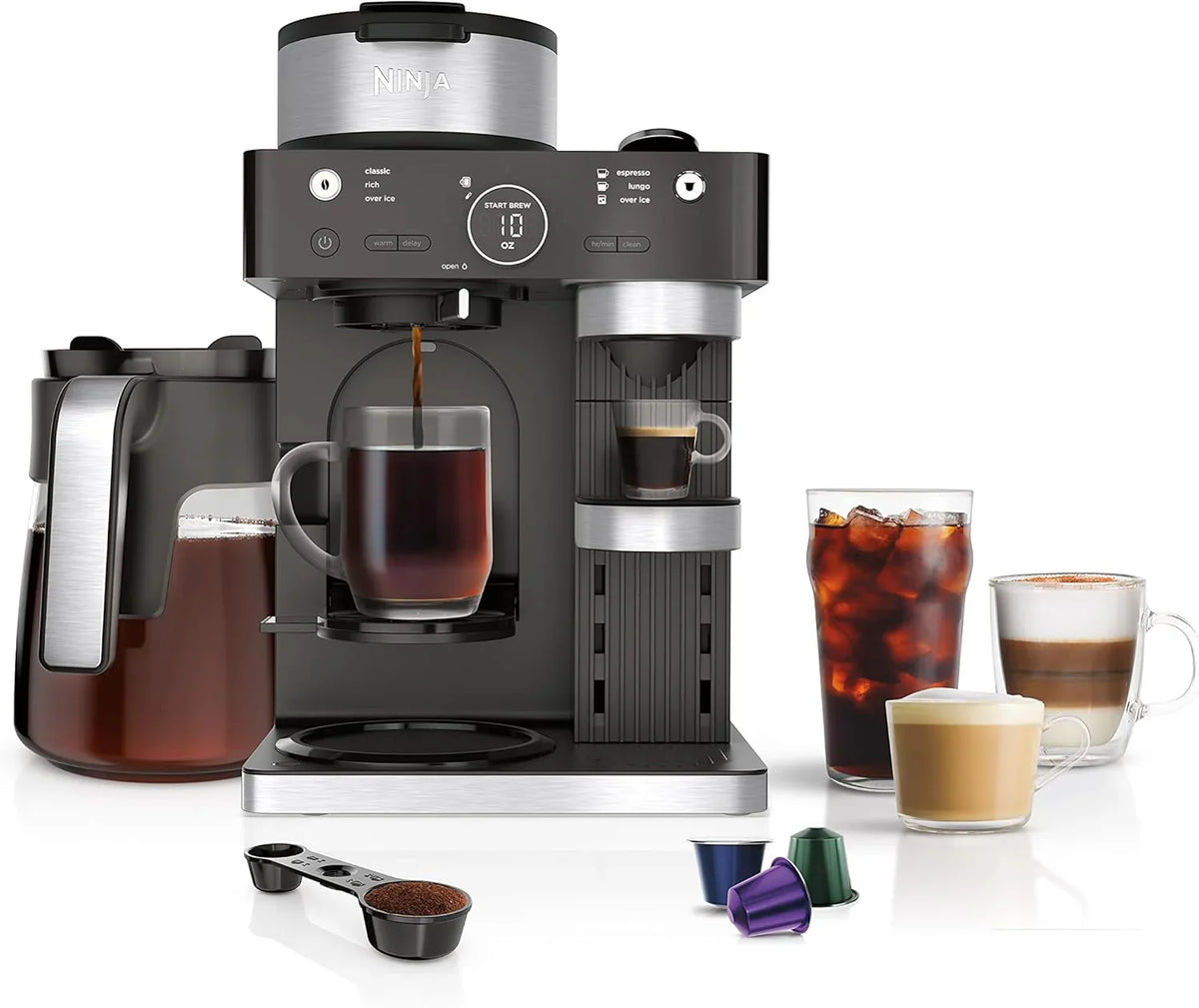 Italian espresso machine and coffee-making system, featuring three espresso brewing modes, supporting single-portion coffee and capsules, with a built-in frother, capable of making Italian espresso, cappuccino and latte. Black style.