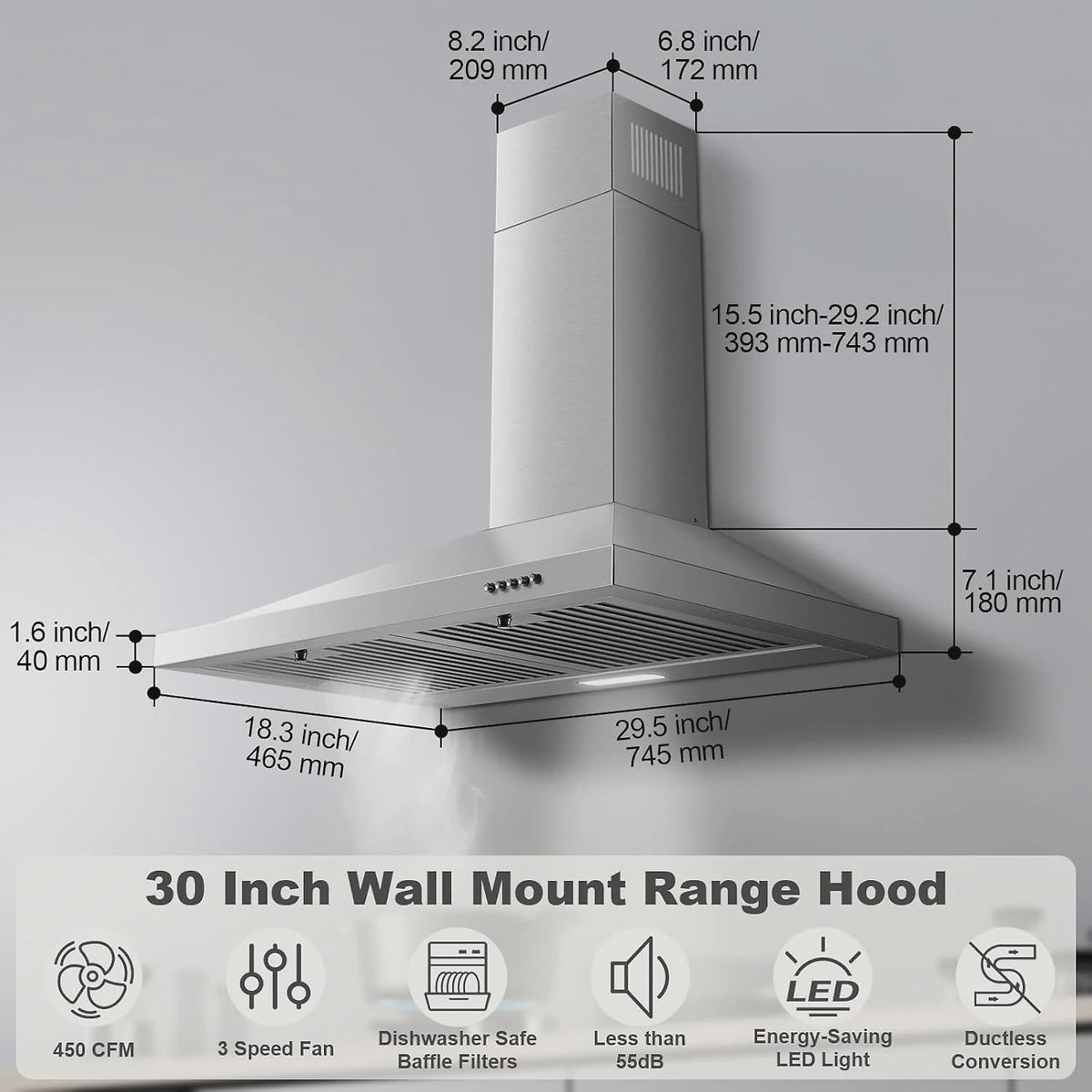 30-inch Wall Mount Range Hood 450CFM - Stainless Steel Kitchen Vent Hood, Ultra Quiet 55dB, Ducted/Ductless Convertible, 3-Speed + LED Light,...