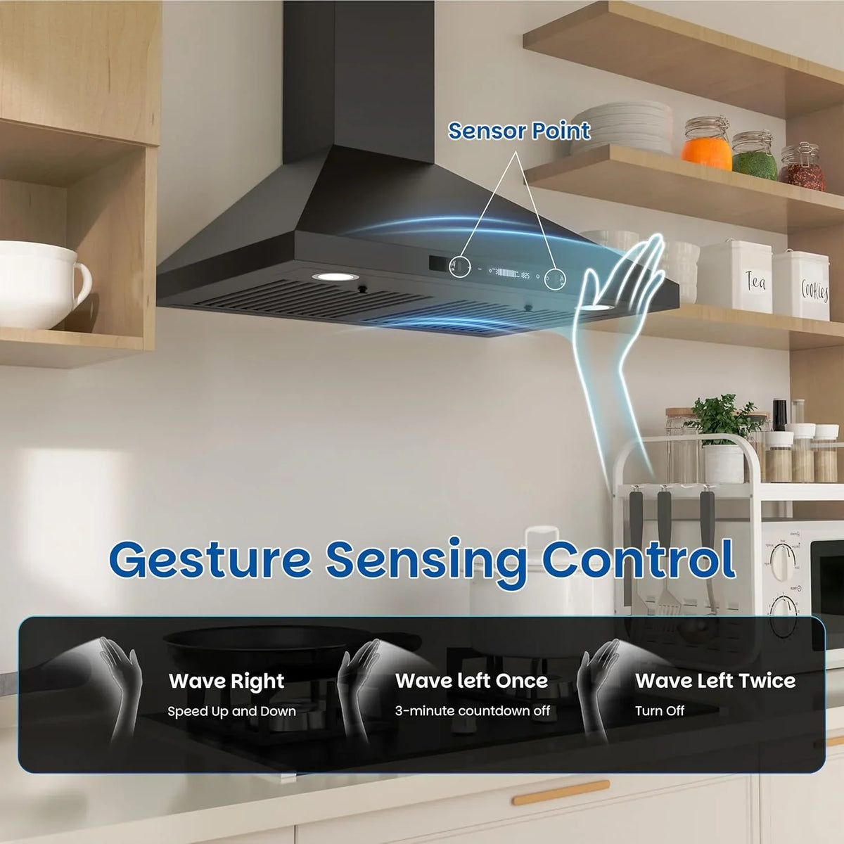 Wall-mounted black kitchen exhaust hood, 30 inches, 900 cubic feet per minute, built-in exhaust duct, three-speed exhaust fan, gesture/touch control, timer function, two baffles filters, stainless steel stove exhaust hood