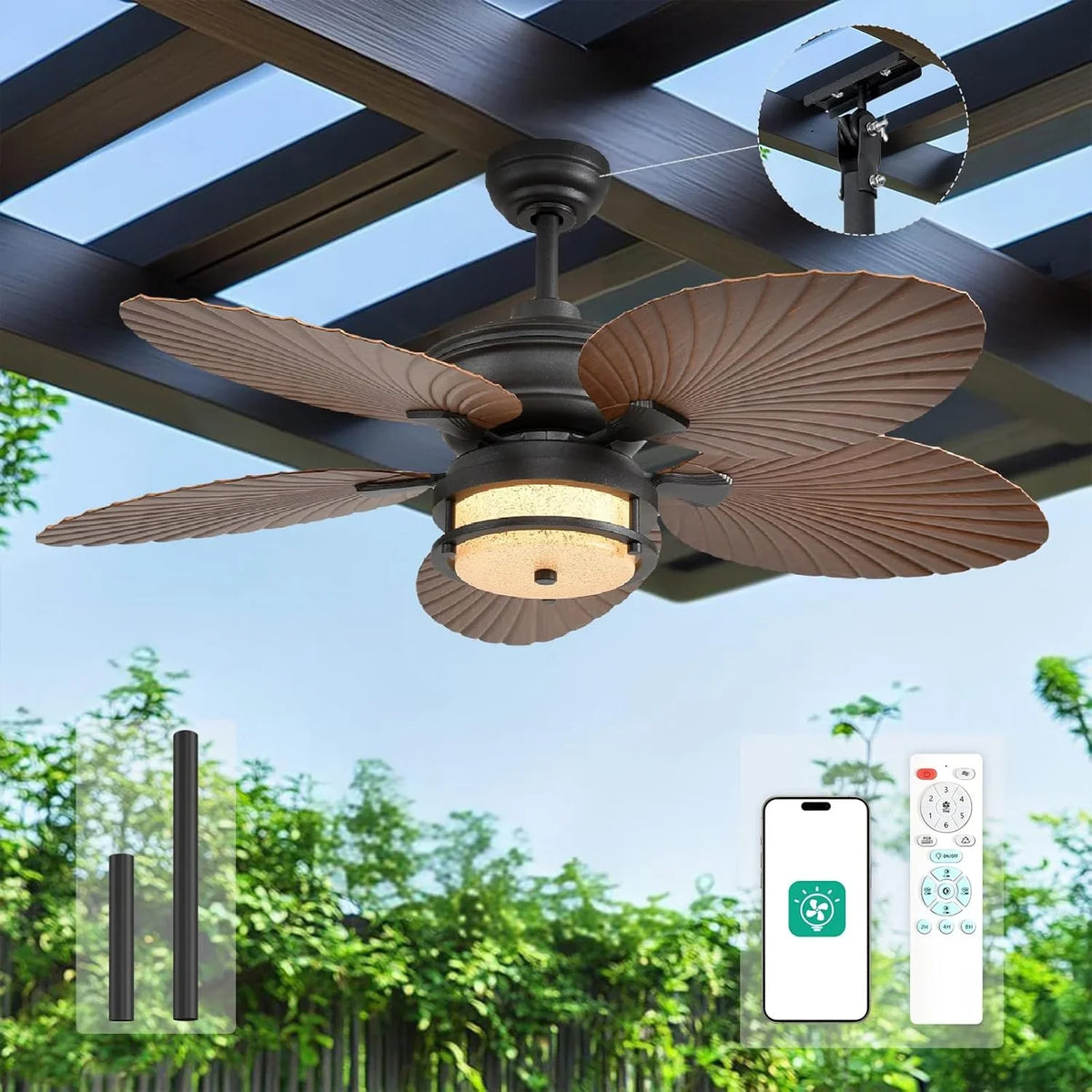 52-inch outdoor ceiling fan - tropical palm leaf fan - plug-in wall-mounted model