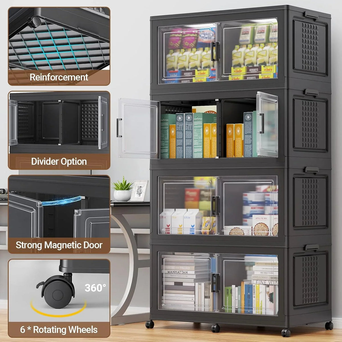 200Gal Extra Large Plastic Storage Bins with Lid & Wheels, Stackable Collapsible Bins with Dividers, Cube Closet Organizers and Storage Cabinet Shelves Box Roomy for Home Kitchen,4Pack White