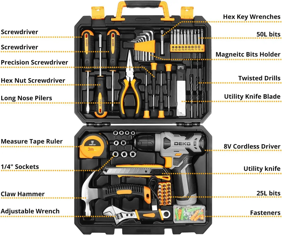 DEKOPRO Tool Set:Tool Kit with 8V Cordless Drill,Tool Box with Drill,Hand Drill Set for Men & Women,Home Tool Kits for House Repair,Handyman,DIY 126 Piece