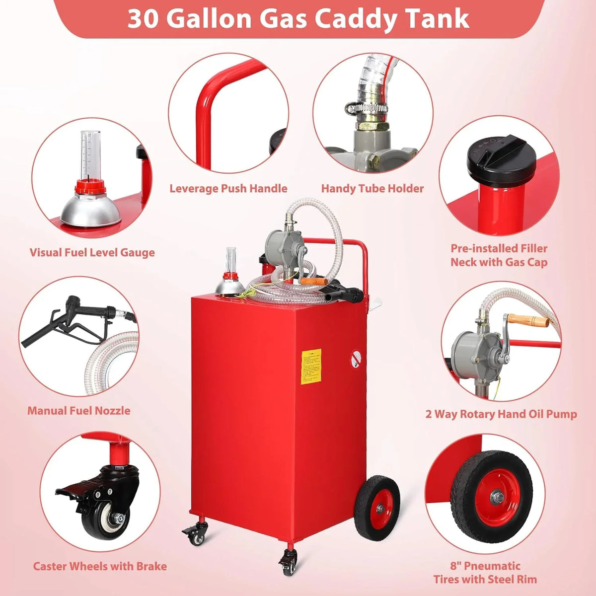 30 Gallon Fuel Caddy, Fuel Tank with Manual Transfer Pump for Gasoline & Diesel, Durable 4-Wheel Design, Mobile Fuel Storage for Cars, Trucks, Boats, Lawn Mowers, Red