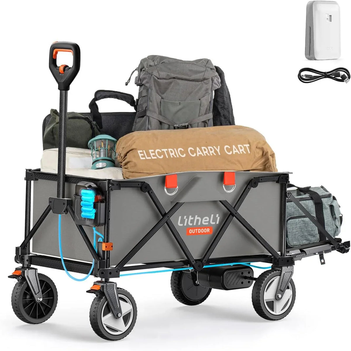 Utility truck, with a capacity of 200 liters and a load capacity of 300 pounds, featuring a foldable heavy-duty design, equipped with all-terrain wheels, featuring variable speed drive and battery power functions, suitable for camping, beaches, garde