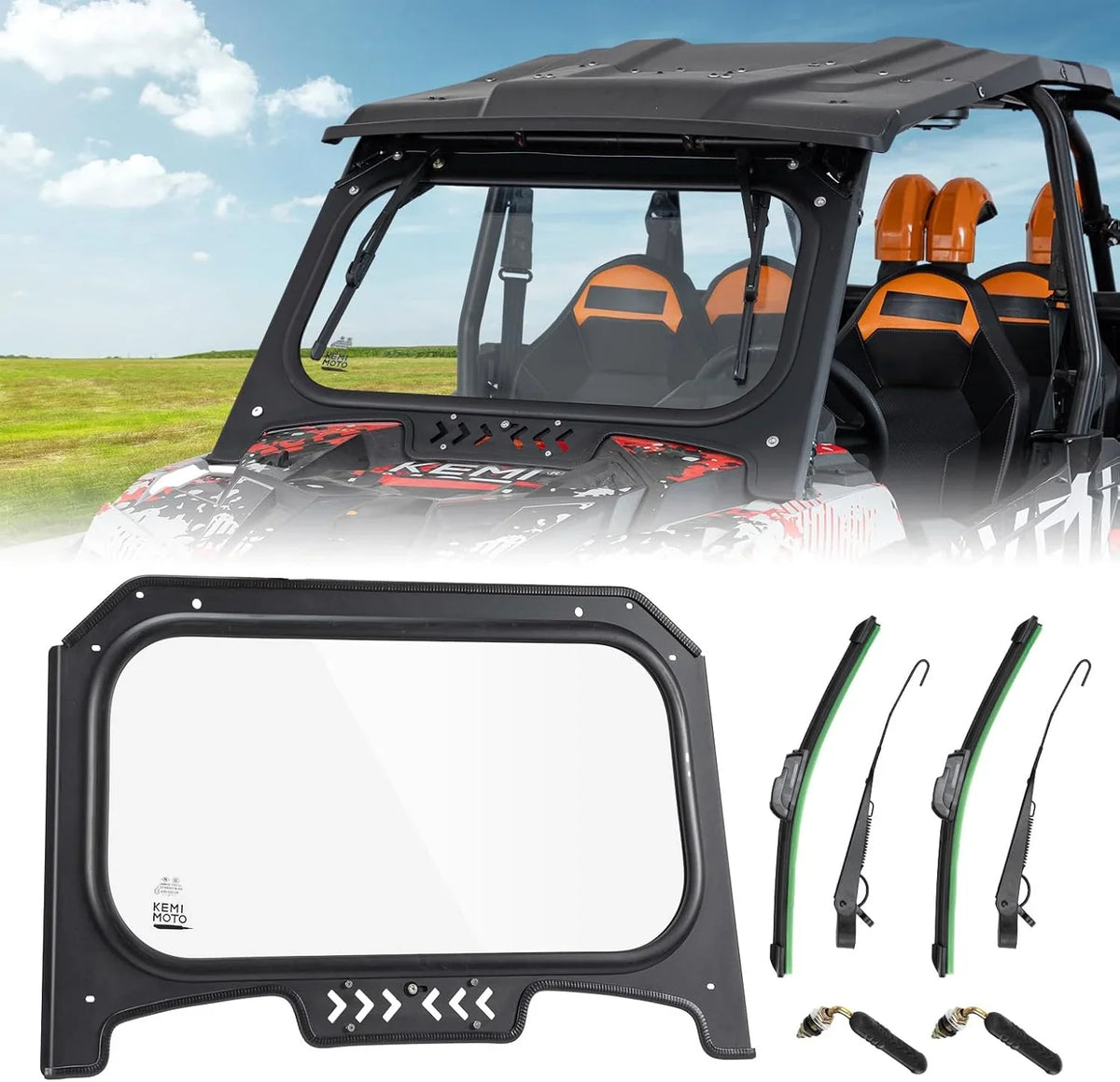The glass windshield is equipped with 2 manual windshield wipers. It is scratch-resistant and wear-resistant. It is compatible with the 2019 - 2023 models of RZR XP 1000 / RZR XP super sports vehicles. The front windshield has a ventilatio