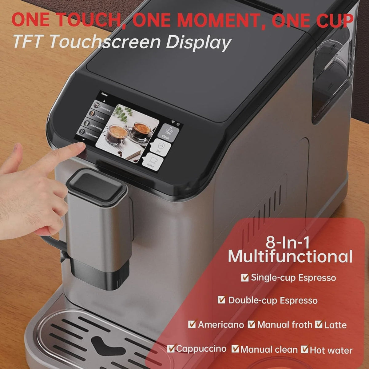 Full Automatic Espresso Machine with Built-In Grinder Milk Frother - FTF Touchscreen Coffee Maker for Latte/Cappuccino, 20 Bar Pressur 1.5L Water...