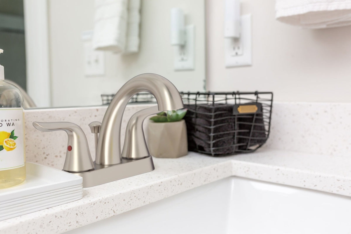 Plymouth Double Handle 4-in Centreset Bathroom Sink Faucet with Pop-Up Drain, Brushed Nickel
