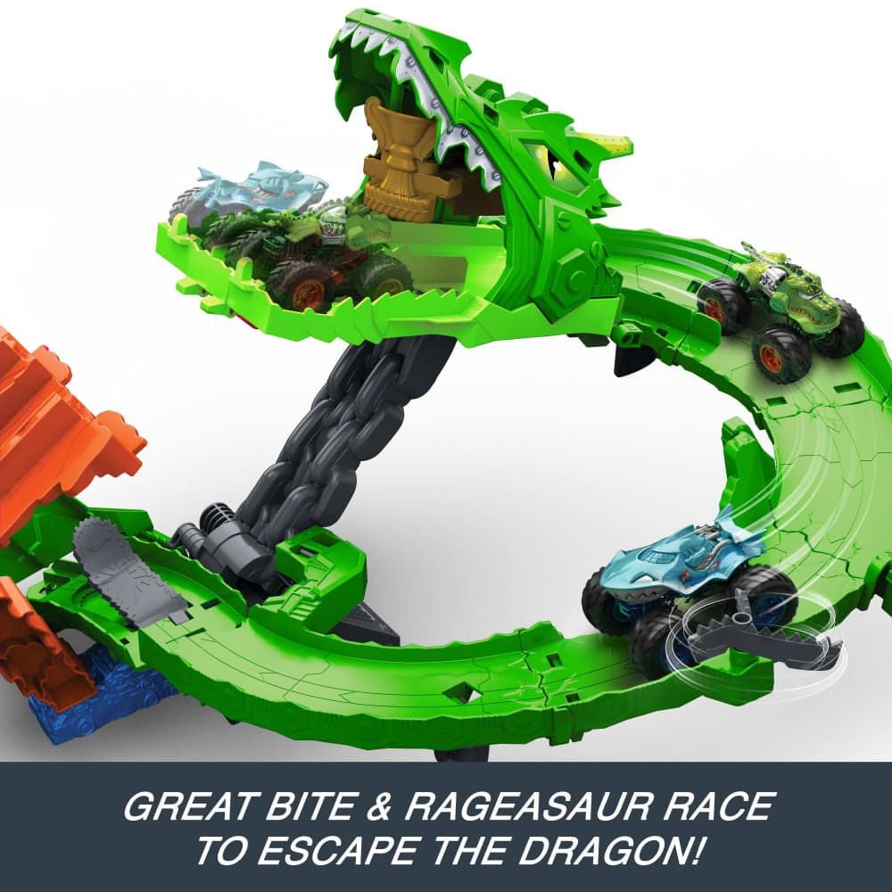 Sharks vs. Dinos Dragon Destruction Playset with 2 1:64 Monster Trucks