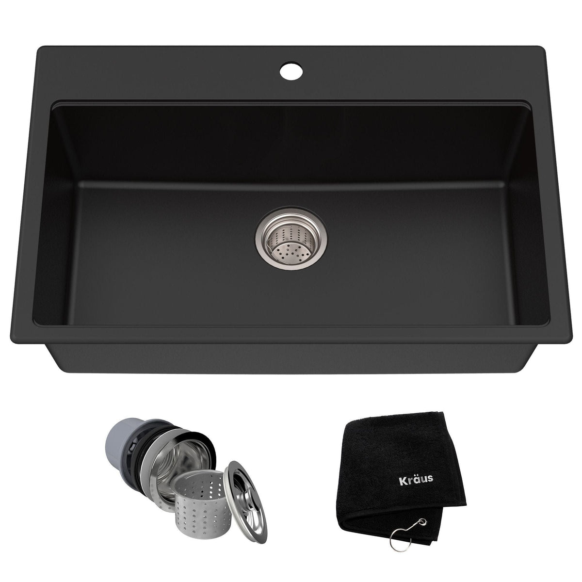 Quarza Top/Undermount Granite Single Bowl Kitchen Sink, Black Onyx, 31x20x9-in