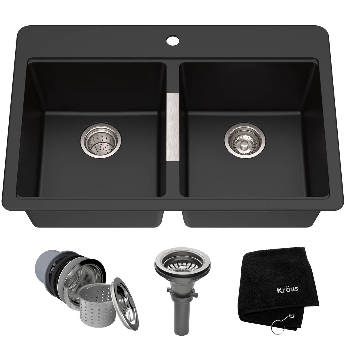 Quarza Undermount Granite Double Bowl Kitchen Sink, Black Onyx, 33x22x10-in