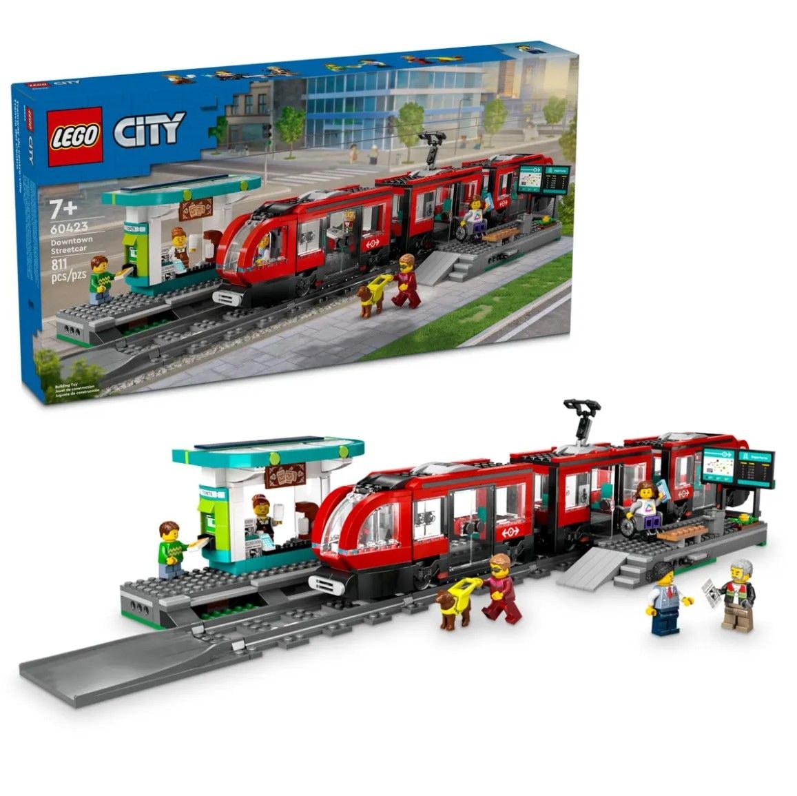 City Downtown Streetcar and Station Toy Train Set - 60423, 811-pcs, Ages 7+
