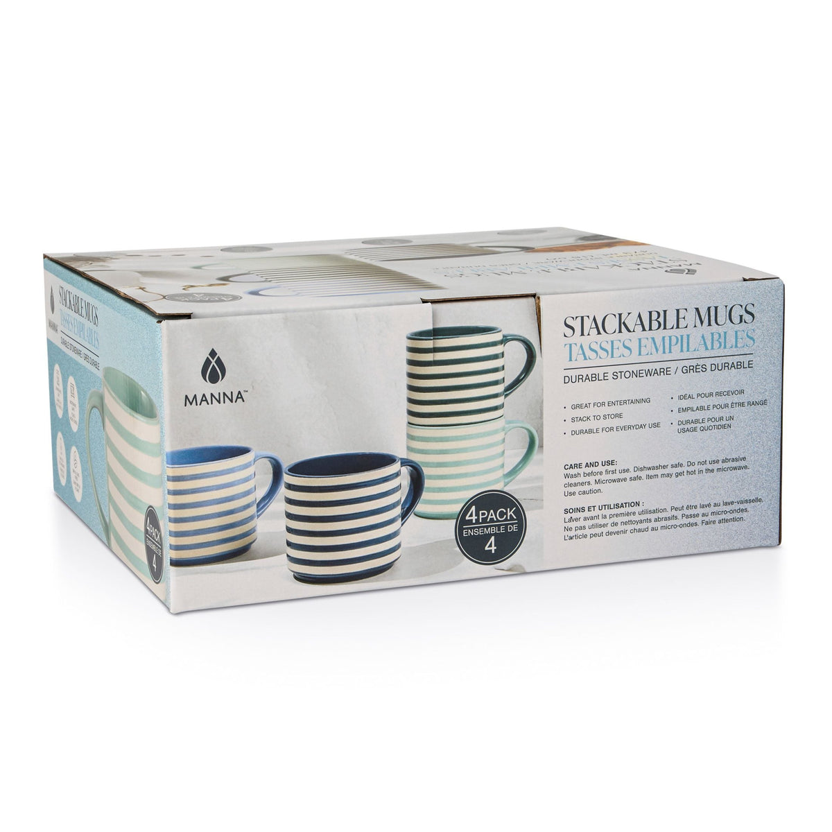 Manna Blue Strip Stackable Mugs, Assorted Colours, 4-pk