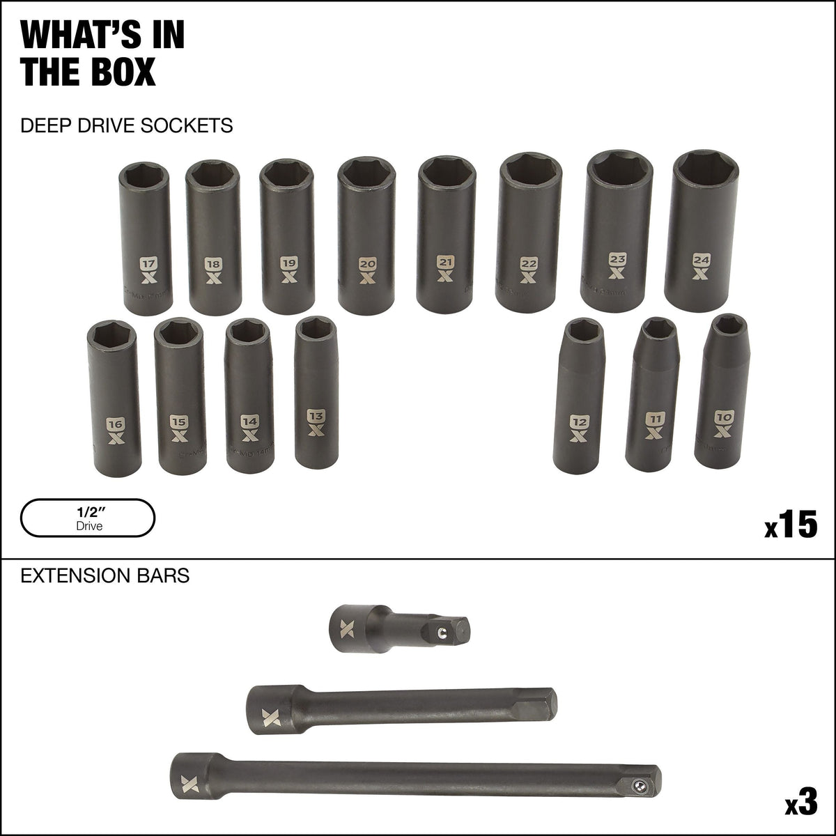 MAXIMUM 1/2-in Drive Professional Grade Impact Sockets Set, 18-pc, Metric