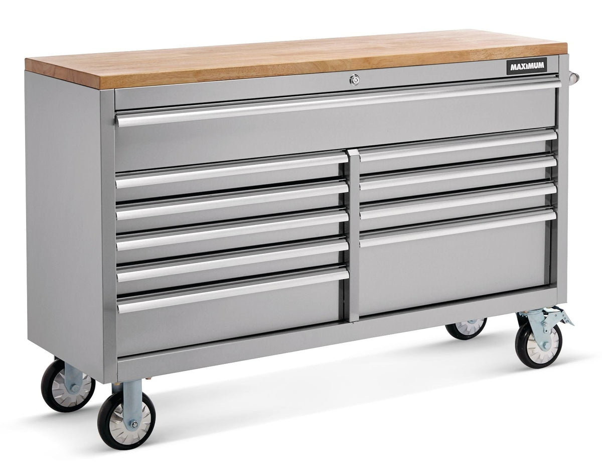 MAXIMUM Butcher Block Top Rolling Tool Storage Cabinet with 10 Drawers, Stainless Steel, 56-in
