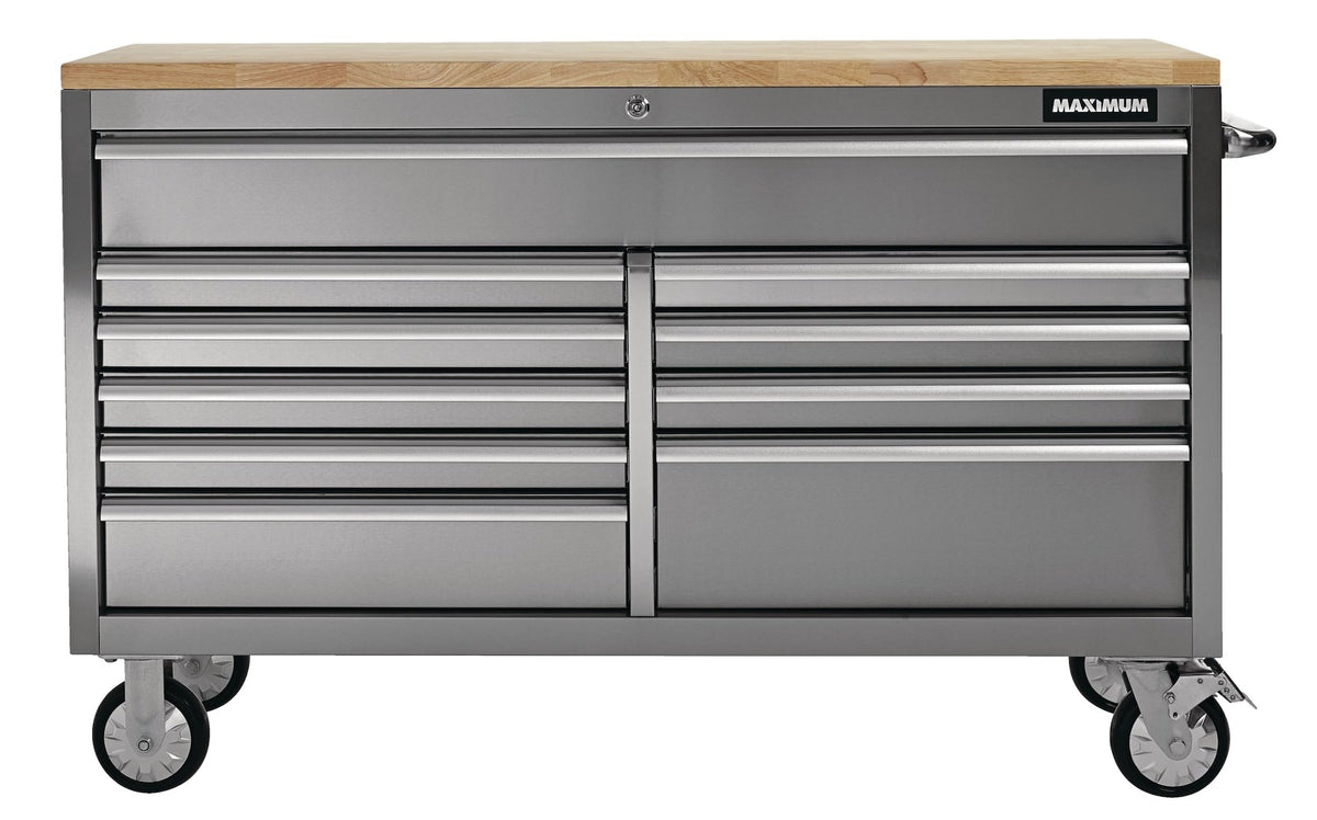 MAXIMUM Butcher Block Top Rolling Tool Storage Cabinet with 10 Drawers, Stainless Steel, 56-in