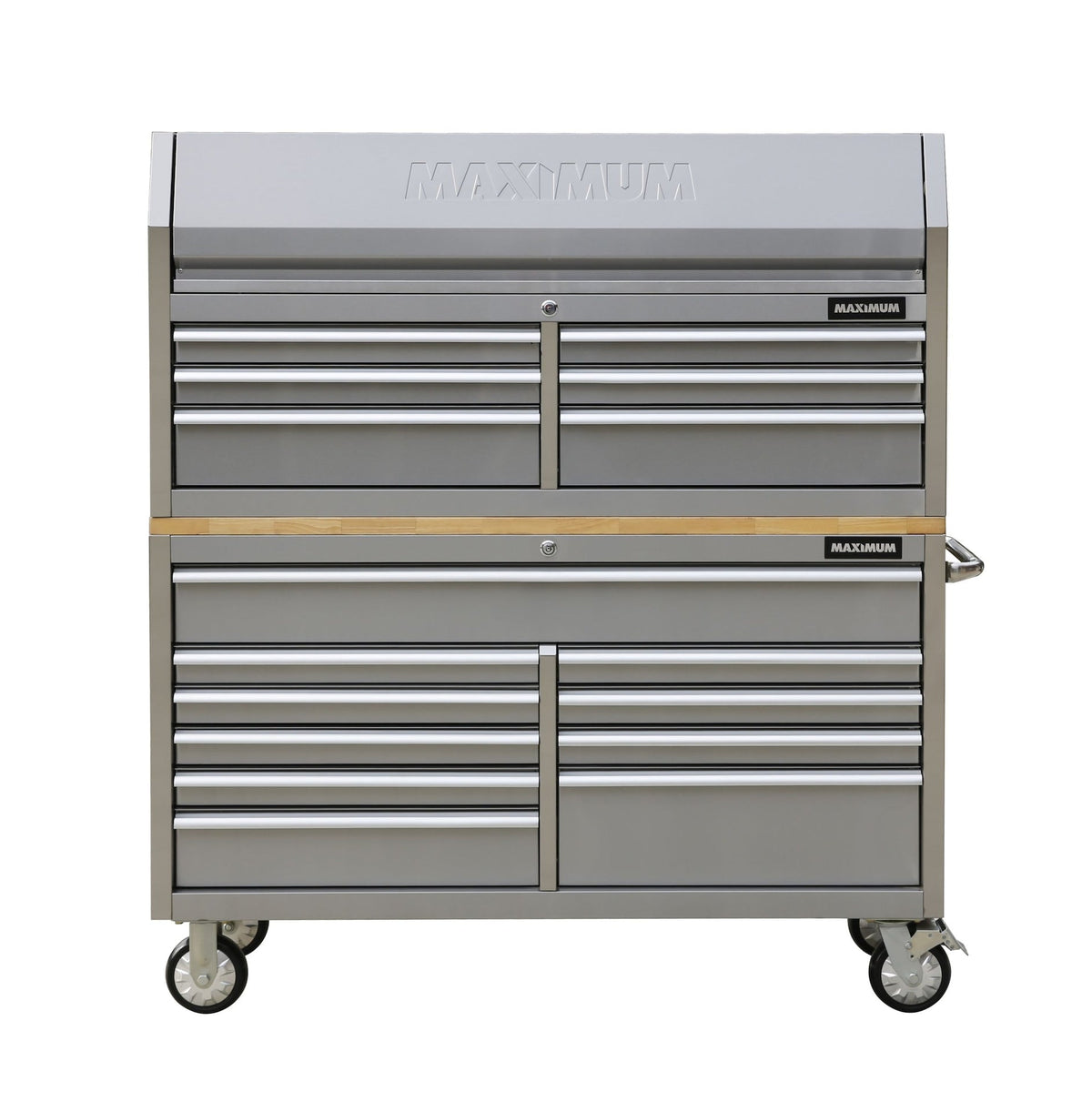MAXIMUM Butcher Block Top Rolling Tool Storage Cabinet with 10 Drawers, Stainless Steel, 56-in