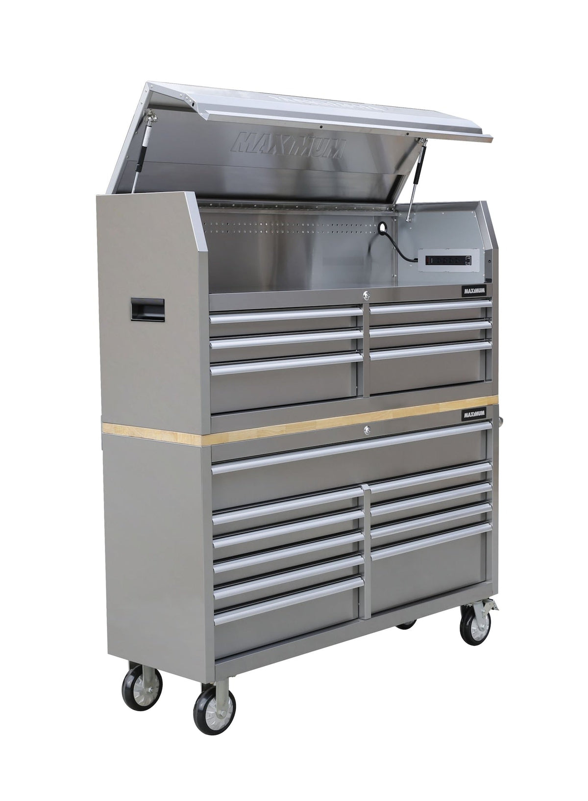 MAXIMUM Butcher Block Top Rolling Tool Storage Cabinet with 10 Drawers, Stainless Steel, 56-in
