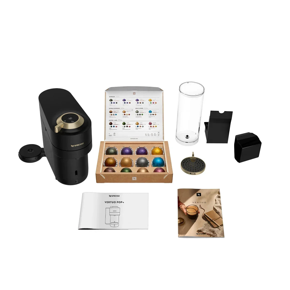 Vertuo Pop+ Deluxe Coffee and Espresso Machine by with Aeroccino with $25 Coffee Credit, Matte Black and Gold