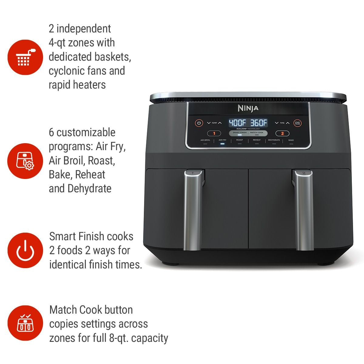 Ninja 2-Basket Air Fryer with 6 Cooking Functions, 8 Qt
