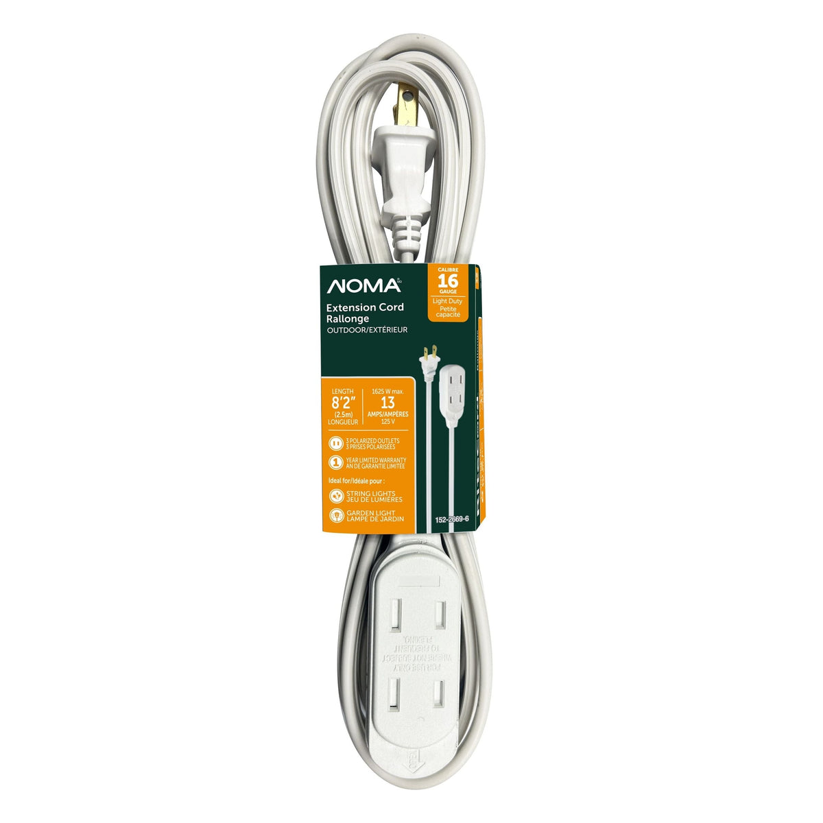 2.5-m 13A 3-Outlet Light-Duty 16-Gauge White Outdoor Extension Cord