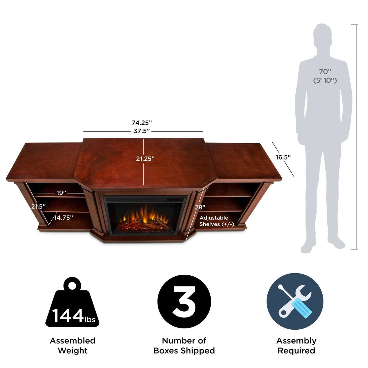Valmont Media Indoor Electric Fireplace TV Stand, 74-in, 1500W, Includes Remote Control & Firebox, Dark Mahogany