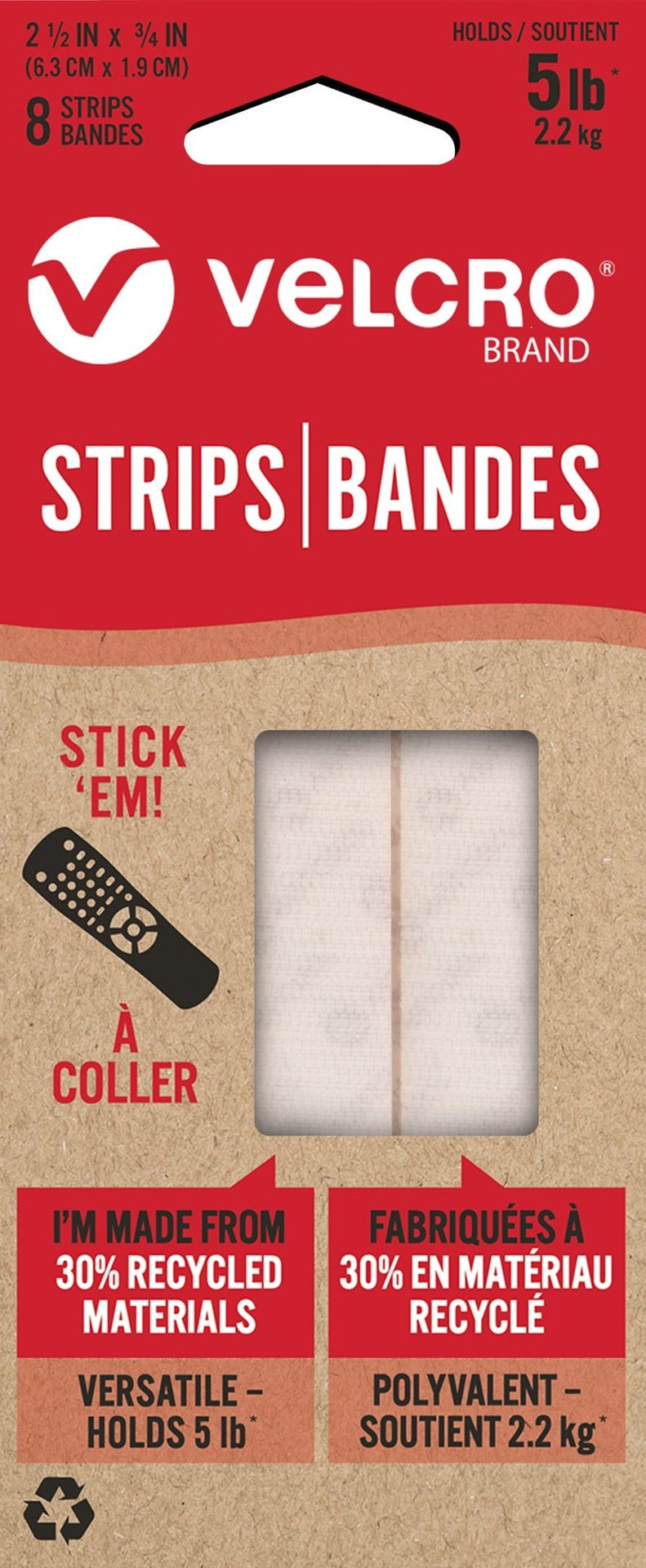 Hook-and-loop Durable Reusable Eco Strips, White, 5-lbs, 2.5 x 0.7-in, 8-pk