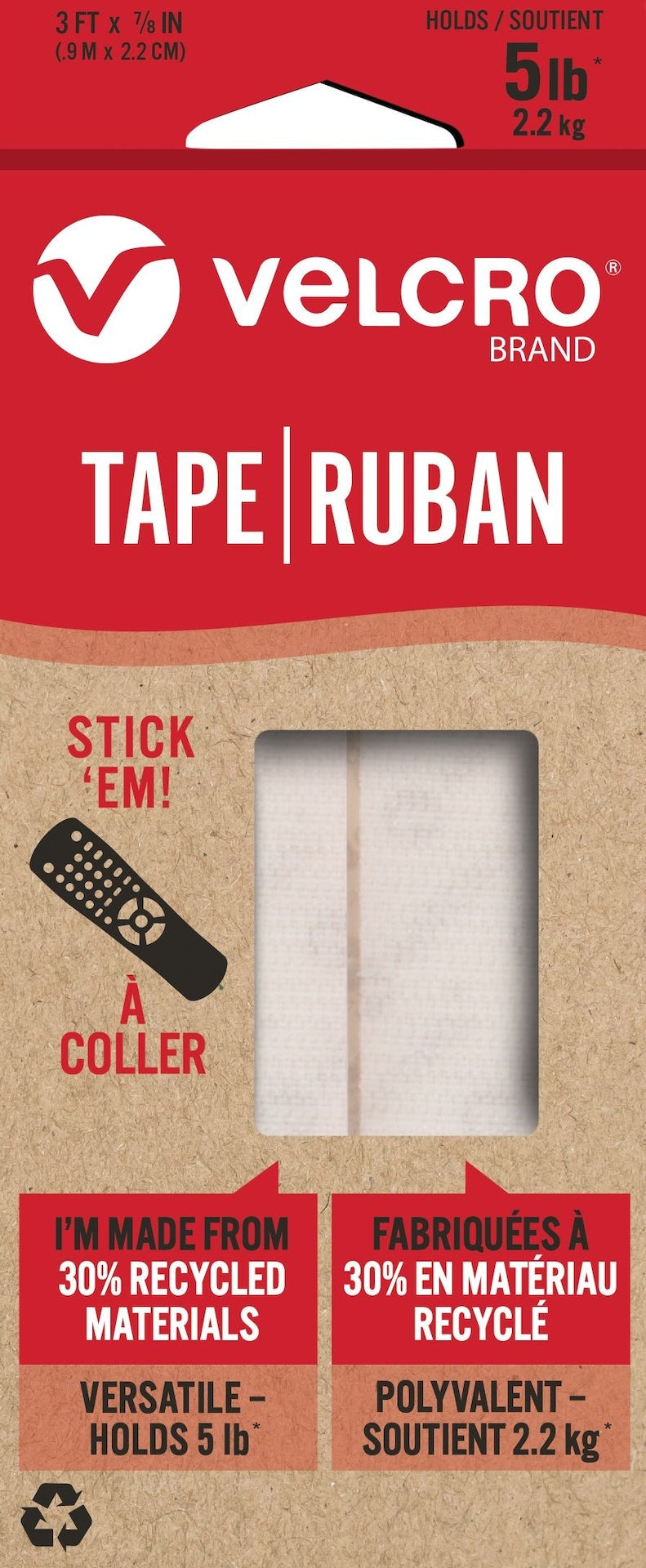 Hook-and-loop Durable Reusable Eco Tape, White, 5-lbs, 3-ft x 0.7-in