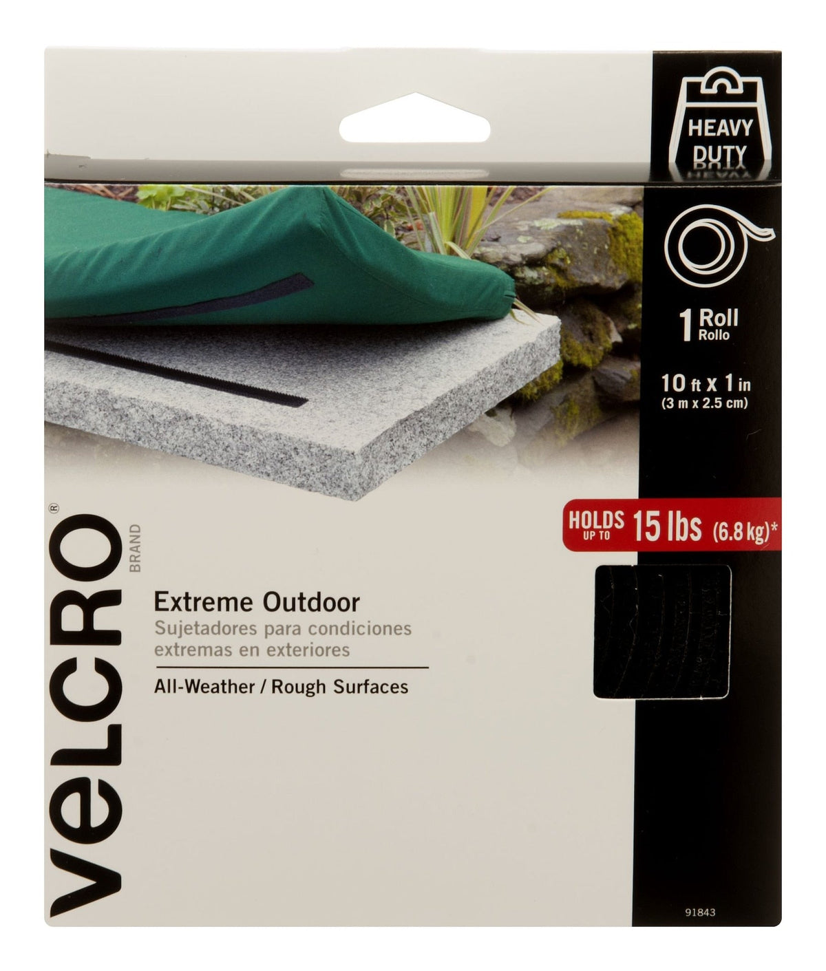 Hook-and-loop Industrial Strength Extreme Heavy Duty Tape, Black, 15-lbs, 10-ft x 1-in, 1-pk