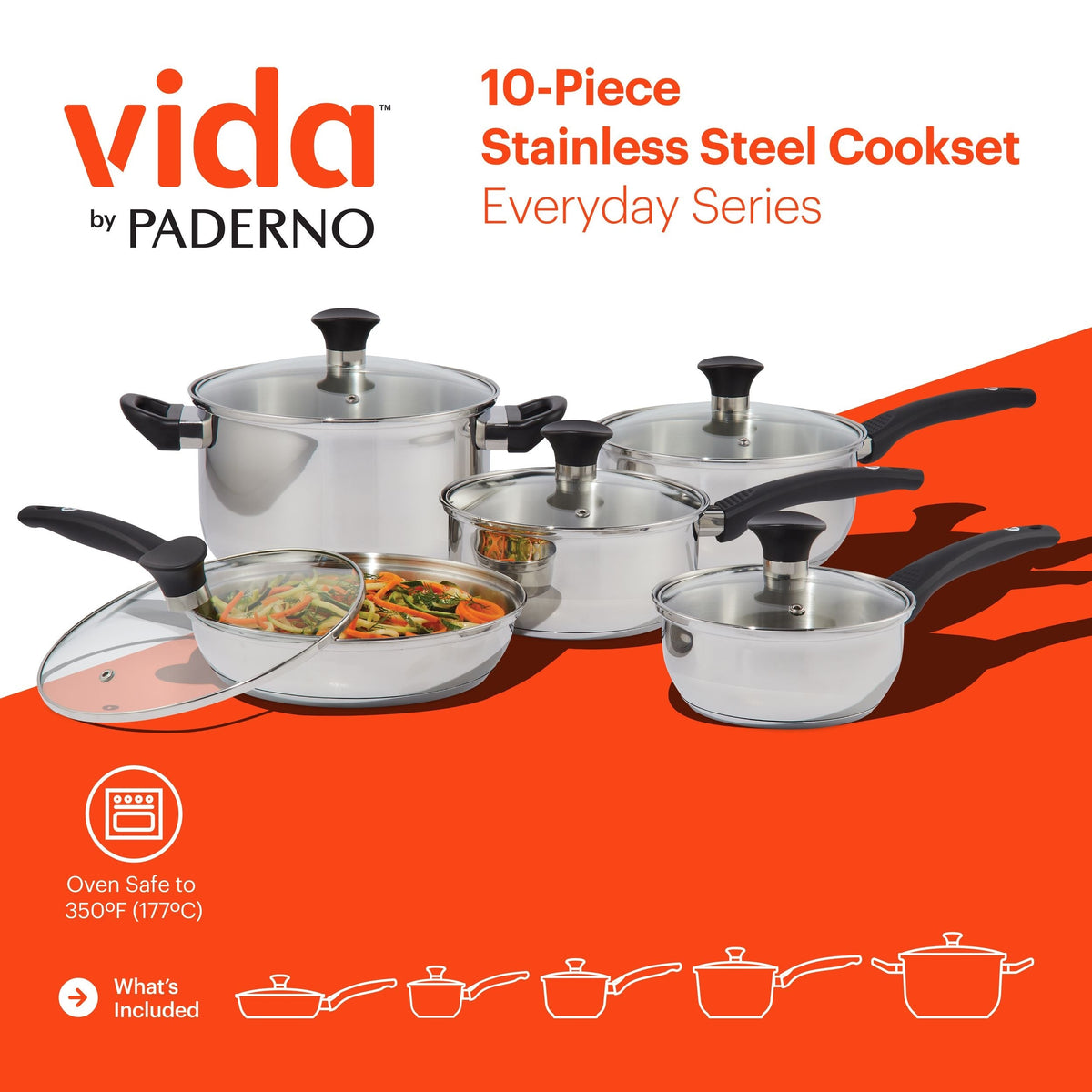 Everyday Series Premium Stainless Steel Cookware Set, Dishwasher & Oven-Safe, 10-pc