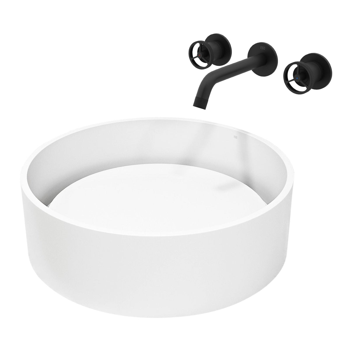 Anvil Round White Composite Bathroom Sink/Basin Set with Cass Wall Mount Faucet and Pop-Up Drain