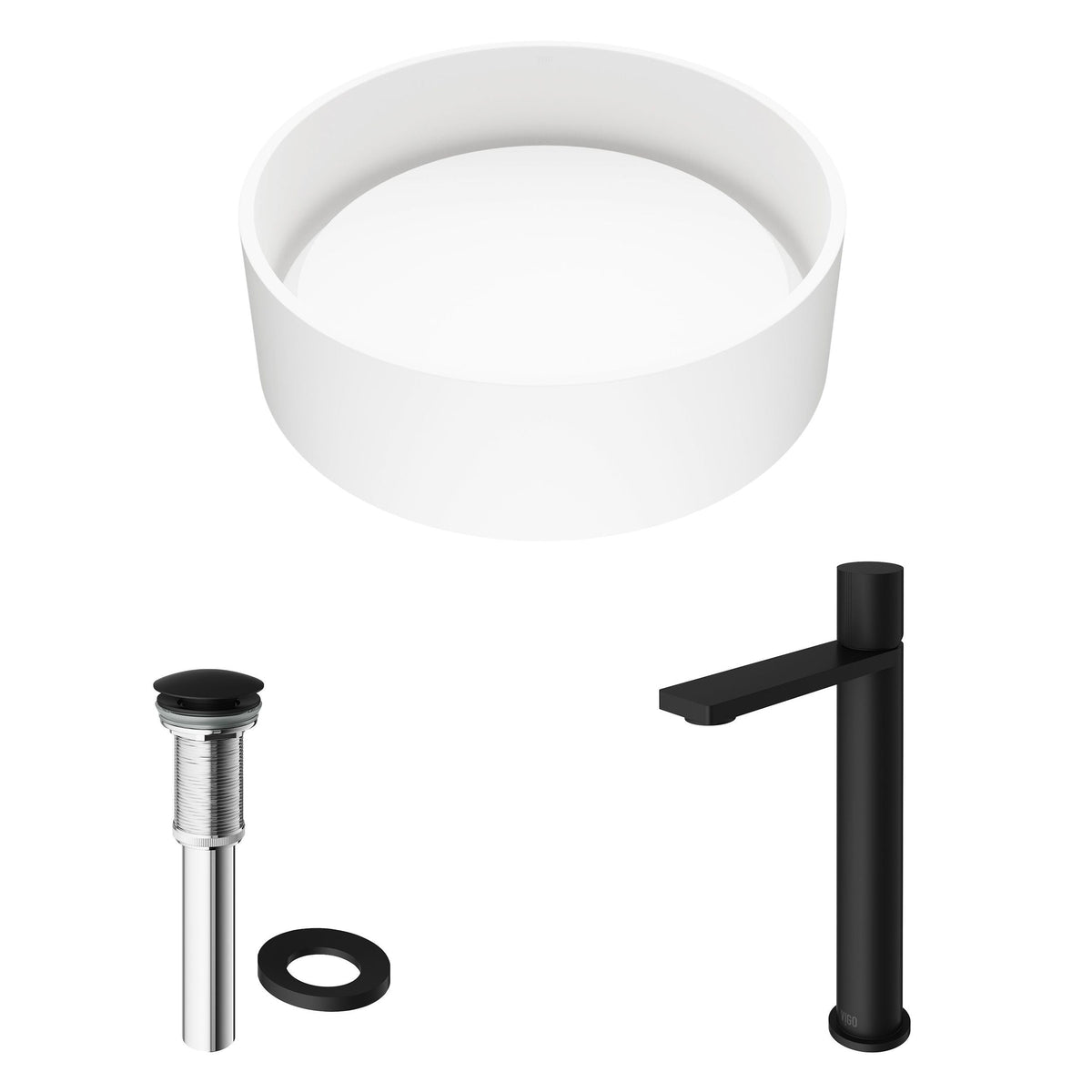 Anvil Round White Composite Bathroom Sink/Basin Set with Gotham Faucet and Pop-Up Drain