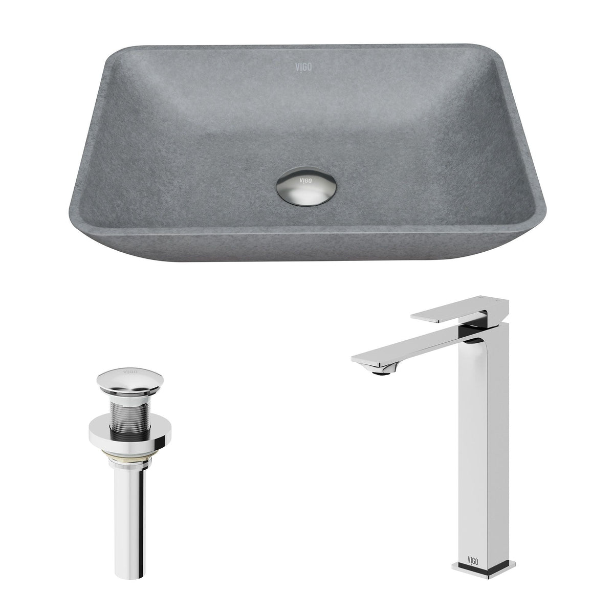 Duomo Gothic Grey Bathroom Sink/Basin Set with Dunn Faucet and Rectangular Vessel
