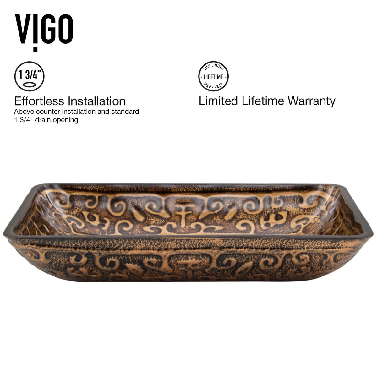 Glass Rectangular Vessel Bathroom Sink/Basin with Rounded Edges & Deep Bowl, Gold