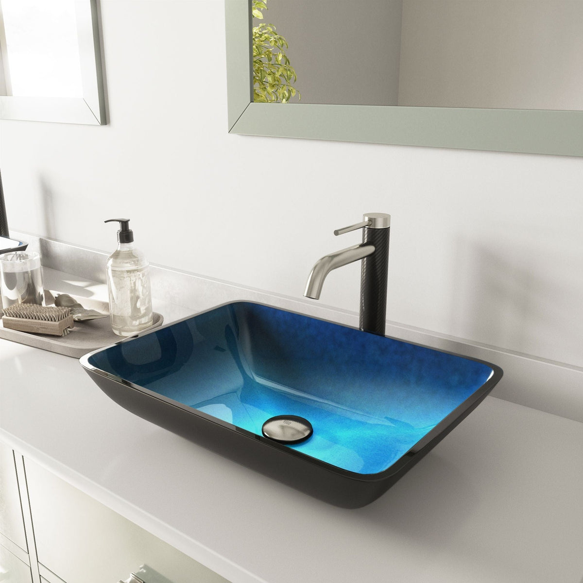 Glass Turquoise Water Bathroom Sink/Basin Set with Lexington Faucet and Rectangular Vessel