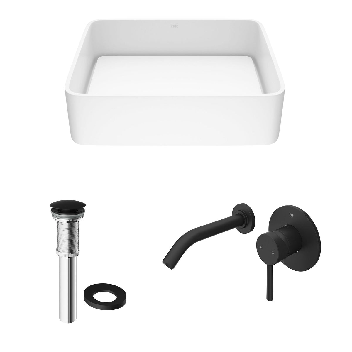 Jasmine White Bathroom Sink/Basin Set with Olus Wall Mount Faucet and Rectangular Composite Vessel