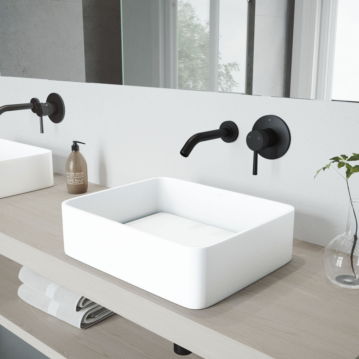 Jasmine White Bathroom Sink/Basin Set with Olus Wall Mount Faucet and Rectangular Composite Vessel