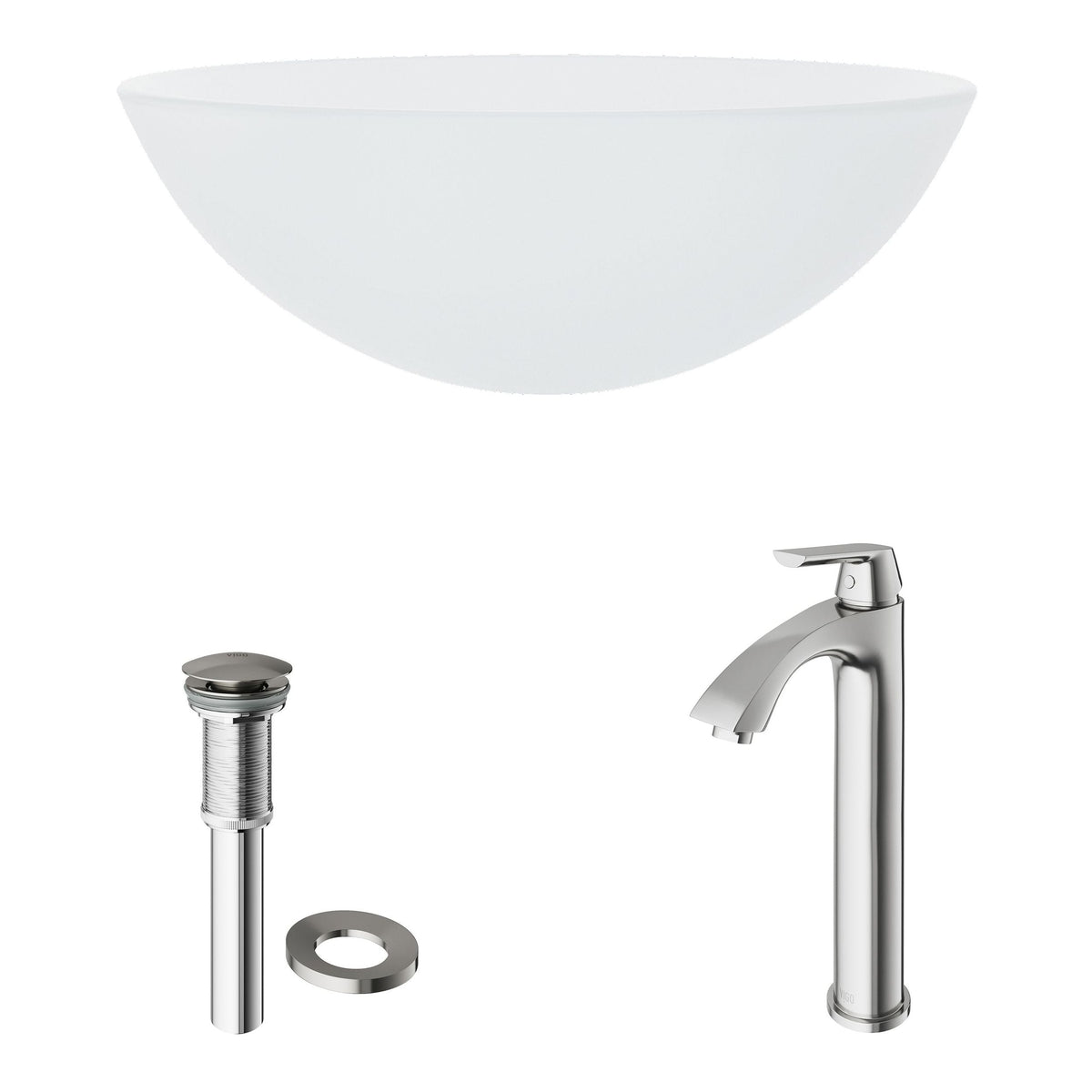 White Frost White Bathroom Sink/Basin Set with Linus Faucet and Round Glass Vessel