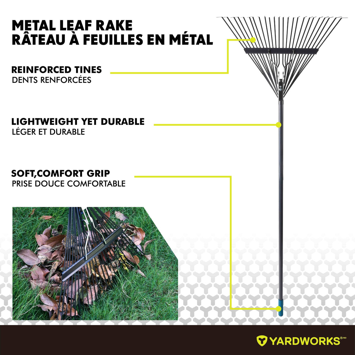 24-Tine Metal Leaf Rake with Fibreglass Shaft, 24-in
