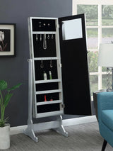 Mounted-style mirror cabinet, featuring jewelry storage function, with a design allowing the entire length to be tilted, rectangular shape - bedroom - silver color