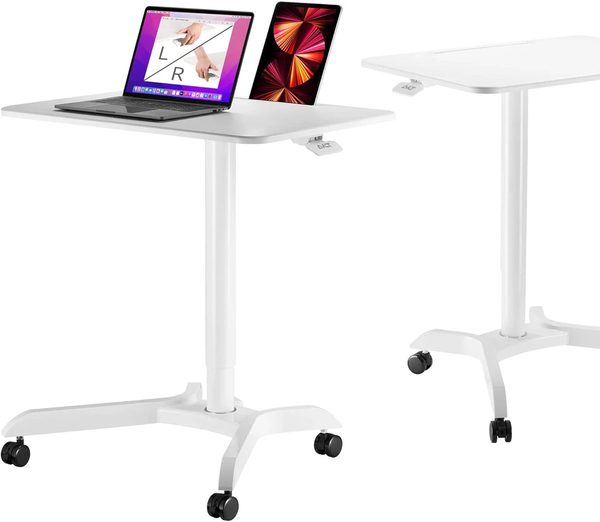 Portable laptop desk cart (3 feet 8 inches) - Mobile rolling desk - Computer projector cart - Adjustable height foldable mobile folding table - White mobile frame with brake wheels