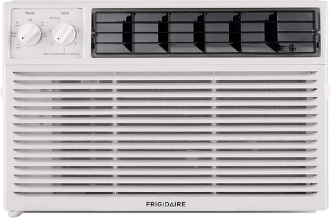 5000-watt window air conditioner, with a cooling area of 250 square feet, operates quietly, has easy and convenient temperature adjustment, 2 fan speeds, automatic restart function, and a white appearance