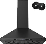 Wall-mounted black kitchen exhaust hood, 30 inches, 900 cubic feet per minute, built-in exhaust duct, three-speed exhaust fan, gesture/touch control, timer function, two baffles filters, stainless steel stove exhaust hood