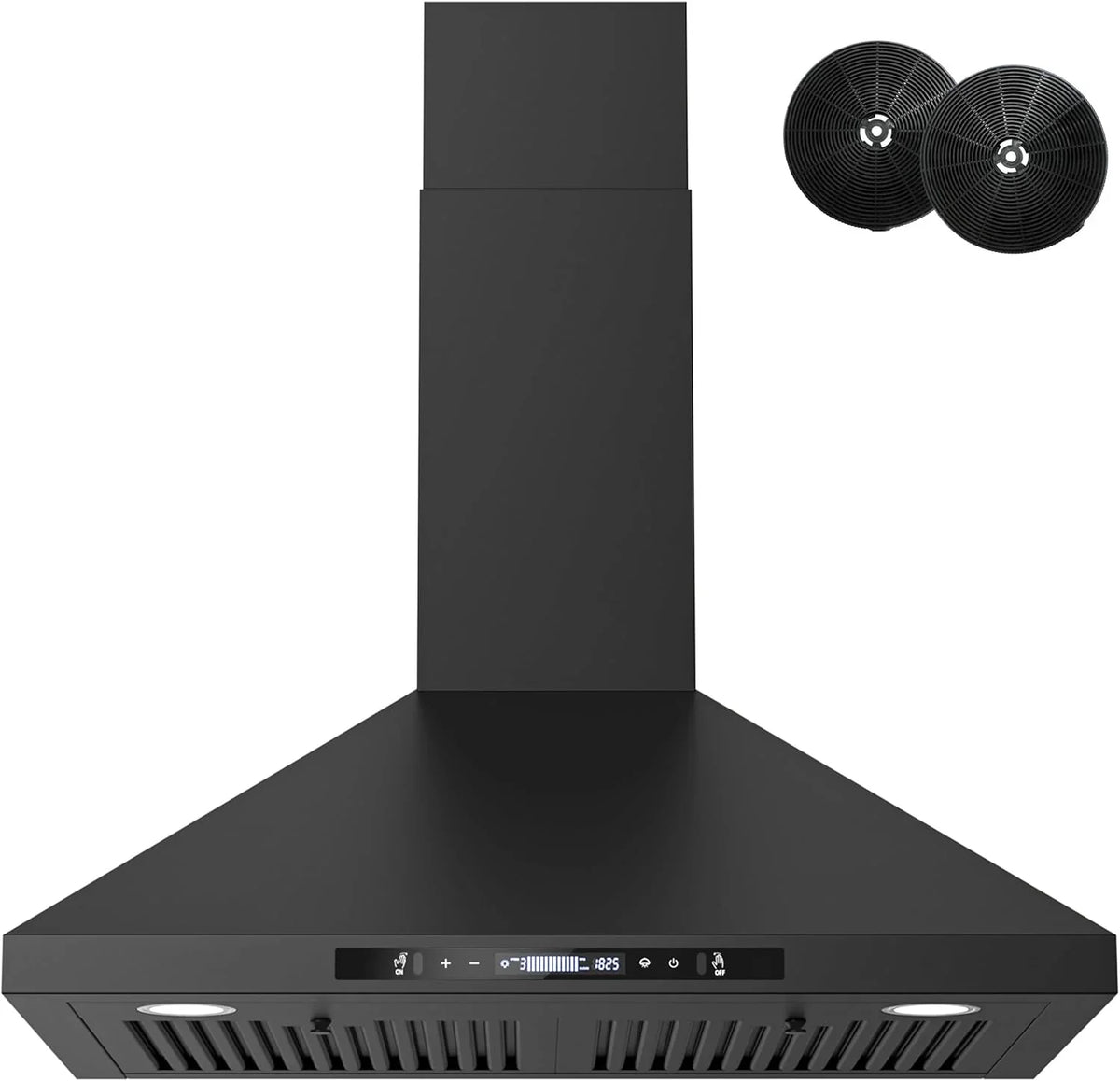 Wall-mounted black kitchen exhaust hood, 30 inches, 900 cubic feet per minute, built-in exhaust duct, three-speed exhaust fan, gesture/touch control, timer function, two baffles filters, stainless steel stove exhaust hood