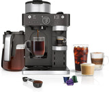 Italian espresso machine and coffee-making system, featuring three espresso brewing modes, supporting single-portion coffee and capsules, with a built-in frother, capable of making Italian espresso, cappuccino and latte. Black style.