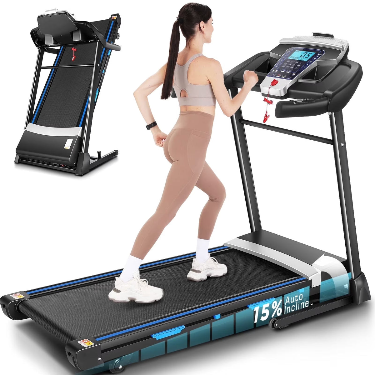 ANCHEER Folding Treadmill with 15% Auto Incline,3.25HP Ultra-silent Motor, Speed Range of 0.6~10MPH,300lb Capacity, APP Wireless...
