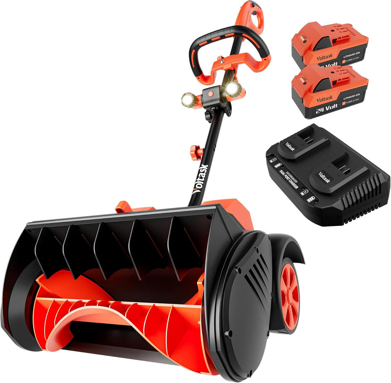 Cordless Snow Shovel with Wheels, 48V | 16-Inch | 4-Ah Brushless Cordless Snow Blower, Battery Snow Blower with Directional Plate & LED Lights (2 * 24V Battery & Dual Quick Charger Included) T7394