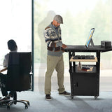 Upgraded AV Cart, Adjustable-Height Steel AV Cart with Locking Cabinet and Pullout Keyboard Tray, Rolling Media Cart with Wheels & Power for Computer Laptop Projector Printer (Black/43"x18"x43")