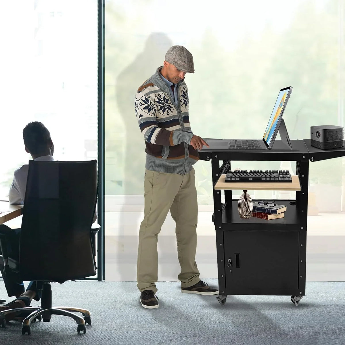 Upgraded AV Cart, Adjustable-Height Steel AV Cart with Locking Cabinet and Pullout Keyboard Tray, Rolling Media Cart with Wheels & Power for Computer Laptop Projector Printer (Black/43"x18"x43")