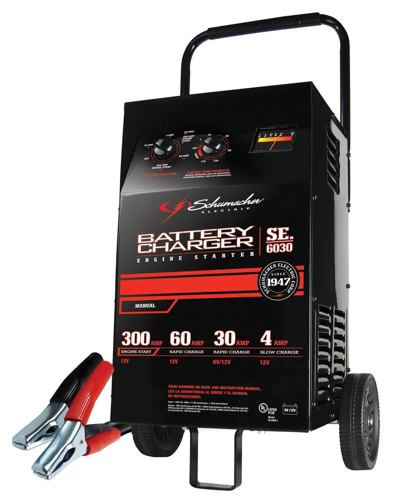 Electric Wheeled Battery Charger and Engine Starter, SC1446, 2-in-1, manual timer control, 300 crank amps, 6 volts, 12 volts, for car, SUV, truck and Marine batteries F6784
